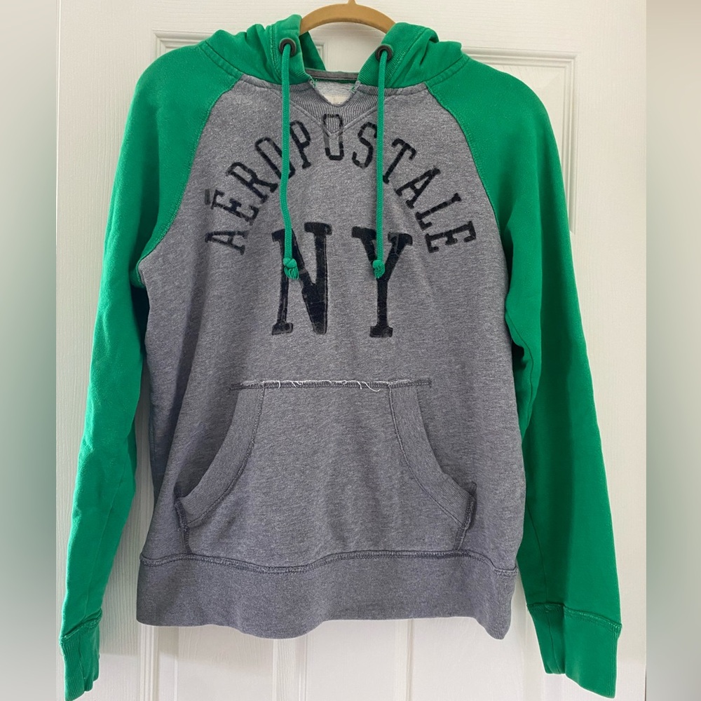Aeropostale Green and Gray Raglan Hoodie